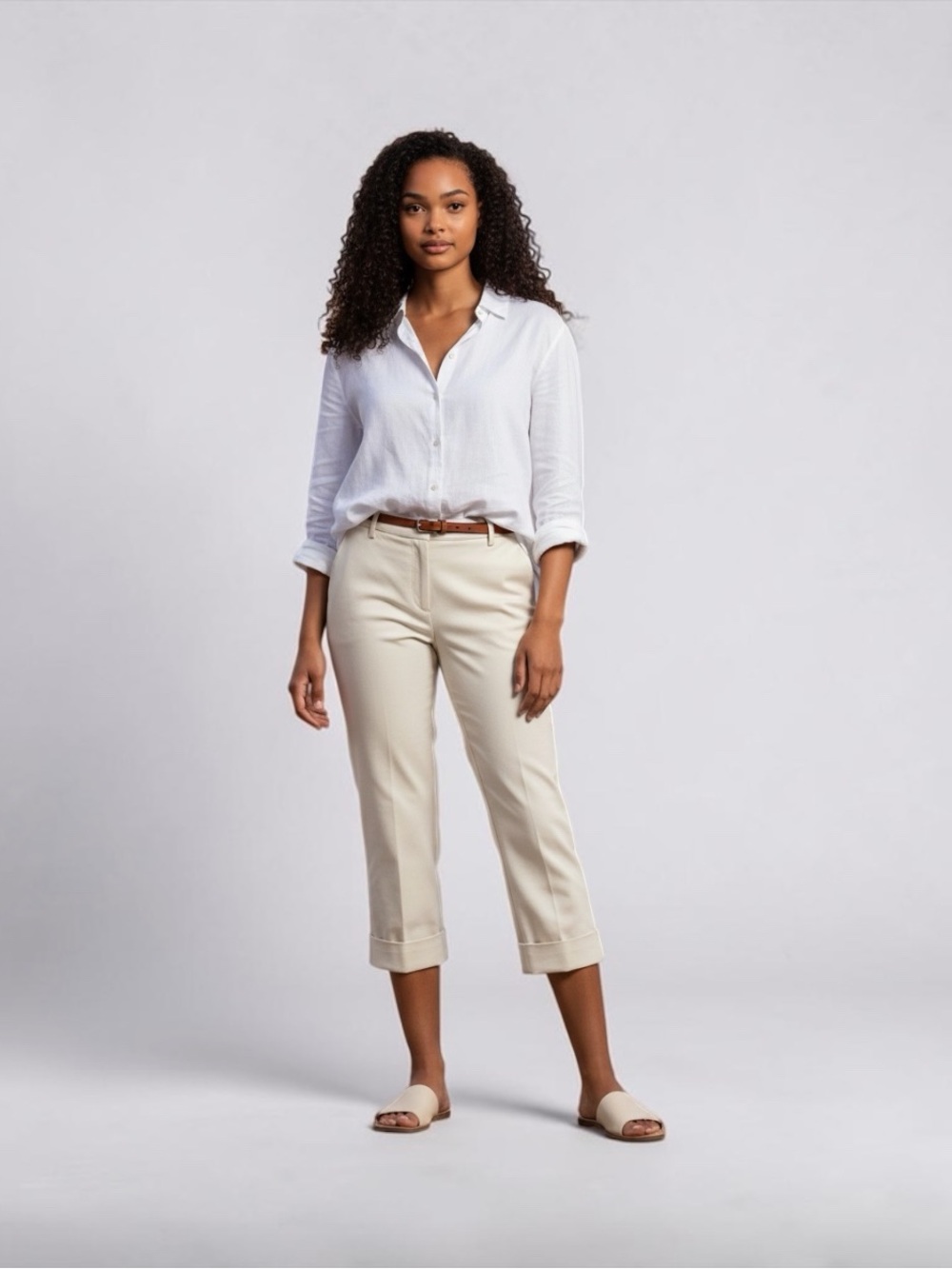 Piazza Sempione Cream Folded Cuff Cropped Pants Size 44